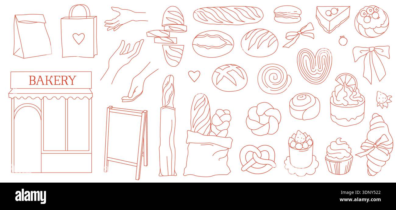 Kit di branding aziendale per prodotti da forno icone di arte di linea di pane, pasticcini, dessert, imballaggi ed elementi da negozio per il menu o il design del punto vendita Illustrazione Vettoriale