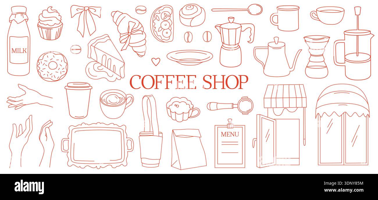 Icone dei kit per il marchio aziendale del bar per imballaggi, menu e merci, attrezzature da caffè, dessert, caffè da asporto, tazze Illustrazione Vettoriale