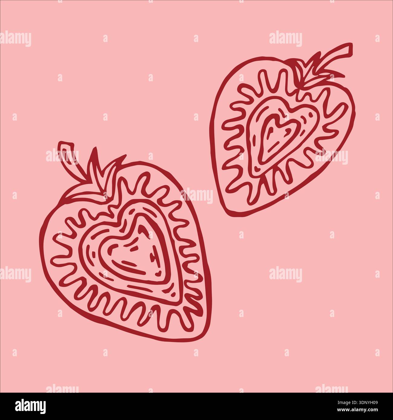 Una vivace illustrazione vettoriale con metà di fragole rosse su uno sfondo rosa tenue. Illustrazione Vettoriale