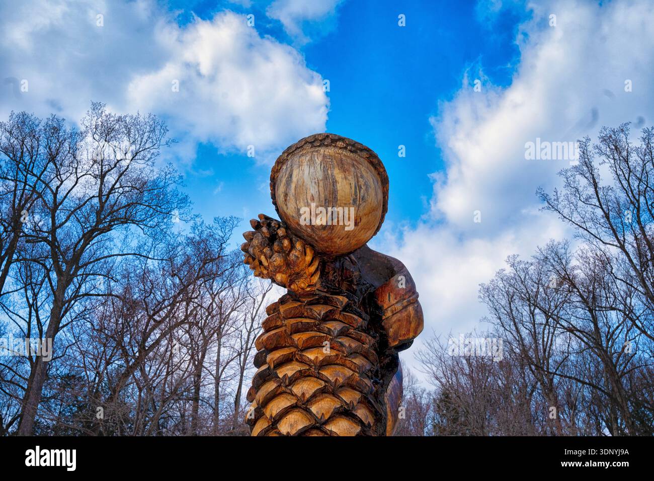 Scultura in legno all'aperto in un parco del Maryland. Foto Stock