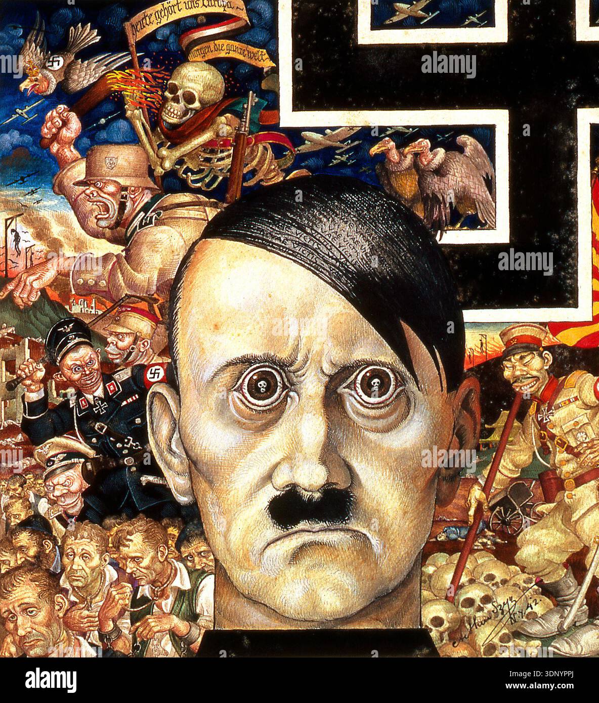 Questa potente illustrazione propagandistica anti-nazista del 1942, intitolata "Anti-Christ Adolf Hitler", è stata creata dal famoso artista Arthur Szyk. L'opera presenta una inquietante rappresentazione centrale di Hitler con teschi nei suoi occhi, circondati da caricature del suo regime, simboli di guerra e vittime. Funge da commento alle atrocità della seconda guerra mondiale Foto Stock