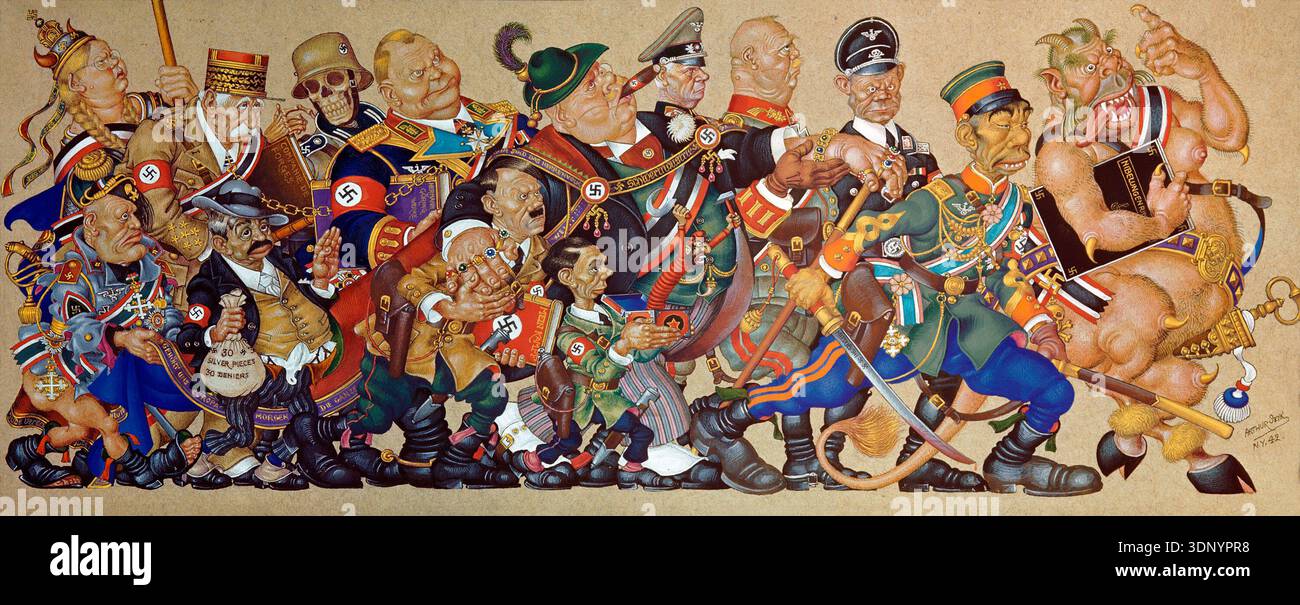 Questa potente illustrazione propagandistica anti-nazista, intitolata "Satan Leads the Ball" del 1942, è stata creata dal famoso artista Arthur Szyk. Raffigura una grottesca processione di leader dell'asse, tra cui caricature di Hitler, Mussolini e Hirohito, che marciano verso il caos, incarnando la forte posizione dell'artista contro il fascismo e la tirannia durante la seconda guerra mondiale Foto Stock