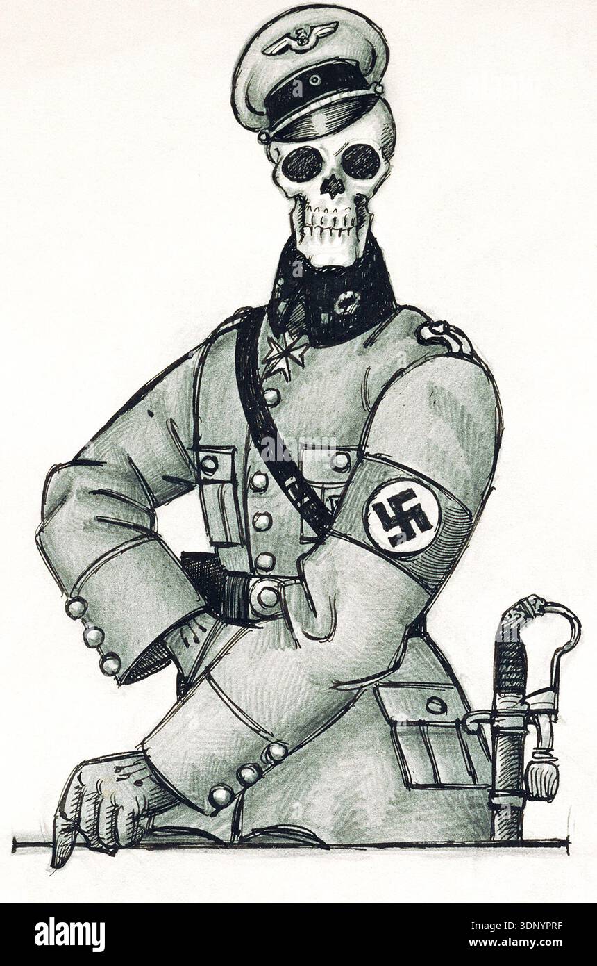 Questo potente cartone animato politico del 1939 di Arthur Szyk raffigura una figura scheletrica in uniforme di un ufficiale nazista tedesco, che simboleggia la morte o la natura distruttiva del regime nazista. L'agghiacciante illustrazione, intitolata "l'autorità tedesca in Polonia", è stata creata a Londra e divenne un'iconica immagine di propaganda anti-nazista durante la seconda guerra mondiale Foto Stock