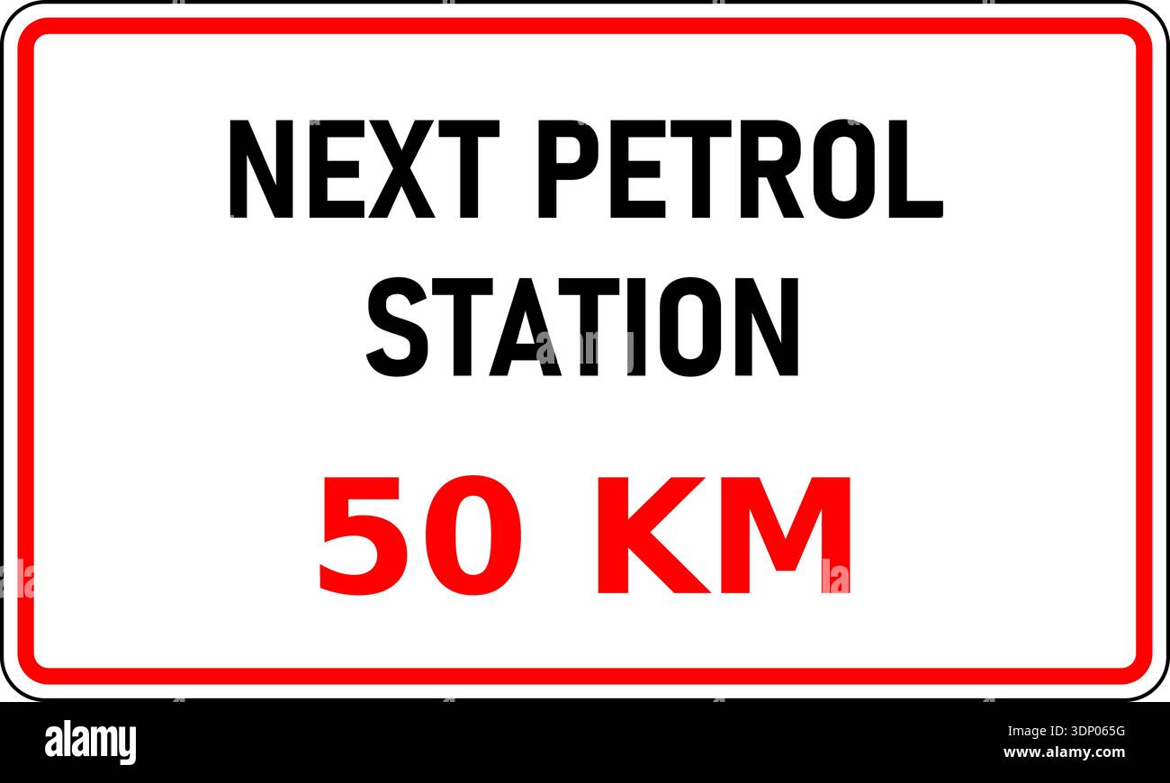 Grafico vettoriale della segnaletica stradale che mostra la successiva stazione di rifornimento a combustione interna (ICE) è a 50 chilometri di distanza. Queste informazioni sarebbero utili per la riduzione Illustrazione Vettoriale