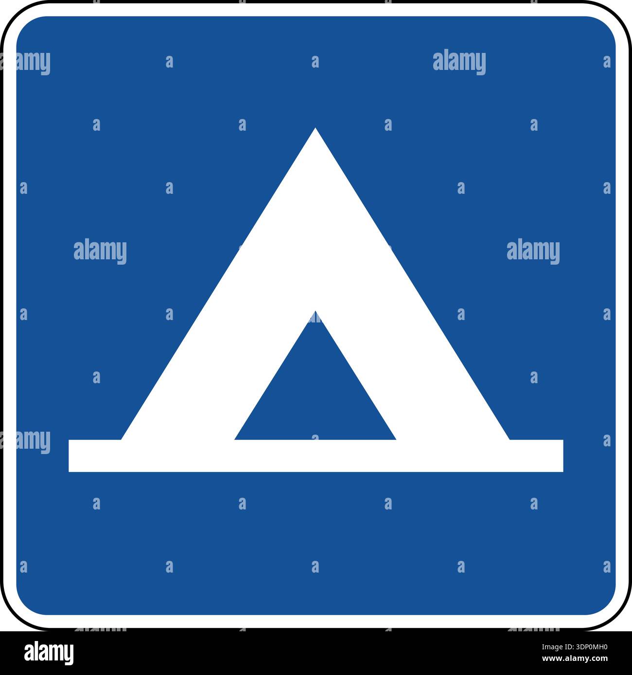 Immagine vettoriale di un cartello blu dell'autostrada usa camping. Consiste di una sagoma di una tenda di cresta contenuta in un quadrato blu Illustrazione Vettoriale