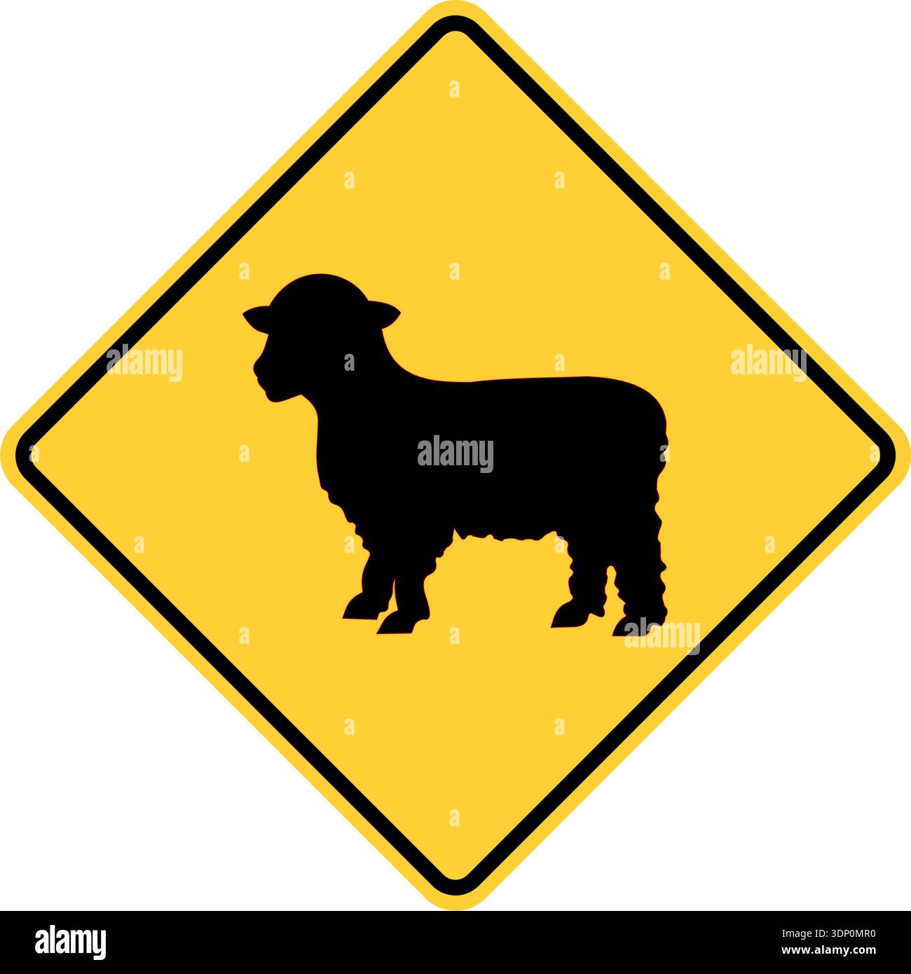 Immagine vettoriale di un cartello autostradale usa Sheep Crossing Ahead. È costituito dalla silhouette di una pecora dai capelli lunghi all'interno di una tilte quadrata nera e gialla Illustrazione Vettoriale