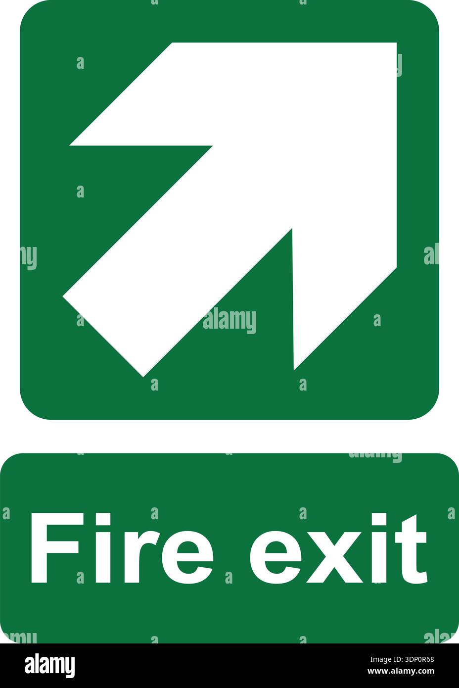 Grafica vettoriale verde e bianco di un segnale di uscita antincendio. È costituito da una freccia rivolta verso l'alto e verso destra nella direzione di escape e da un'etichetta con il testo Illustrazione Vettoriale