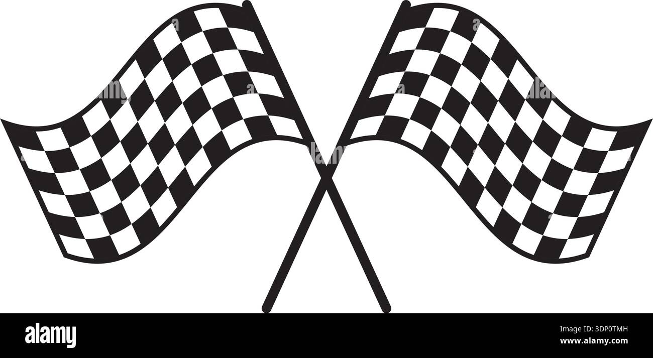 Set di due bandiere da corsa incrociate con stampa a scacchi in bianco e nero. Segnale di inizio o di fine nelle competizioni di auto sportive. Rally, karting o. Illustrazione Vettoriale