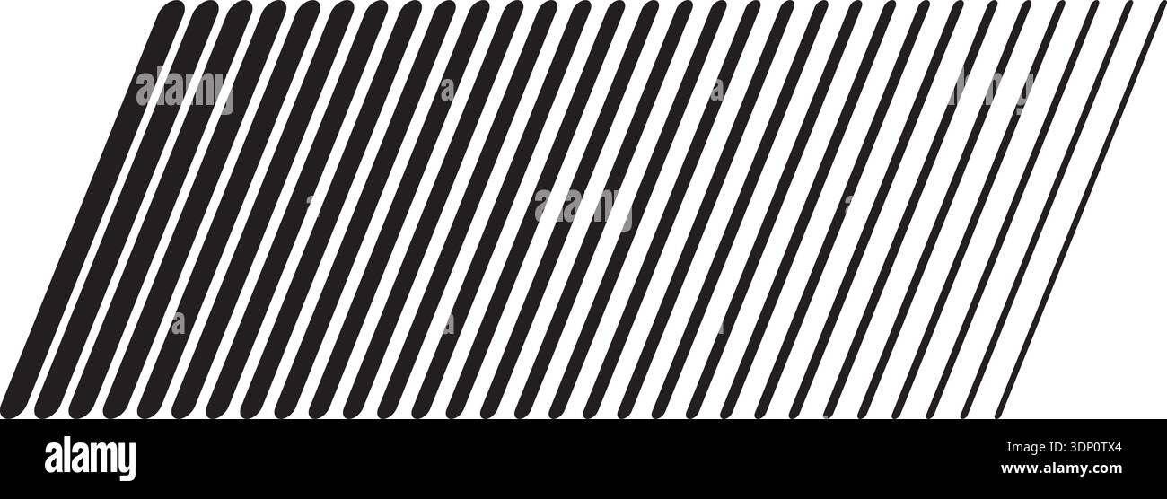 Bastoncini dritti paralleli neri inclinati con spessore diverso isolati su sfondo bianco. Strisce disposte in diagonale. Linee oblique. Semplice Illustrazione Vettoriale