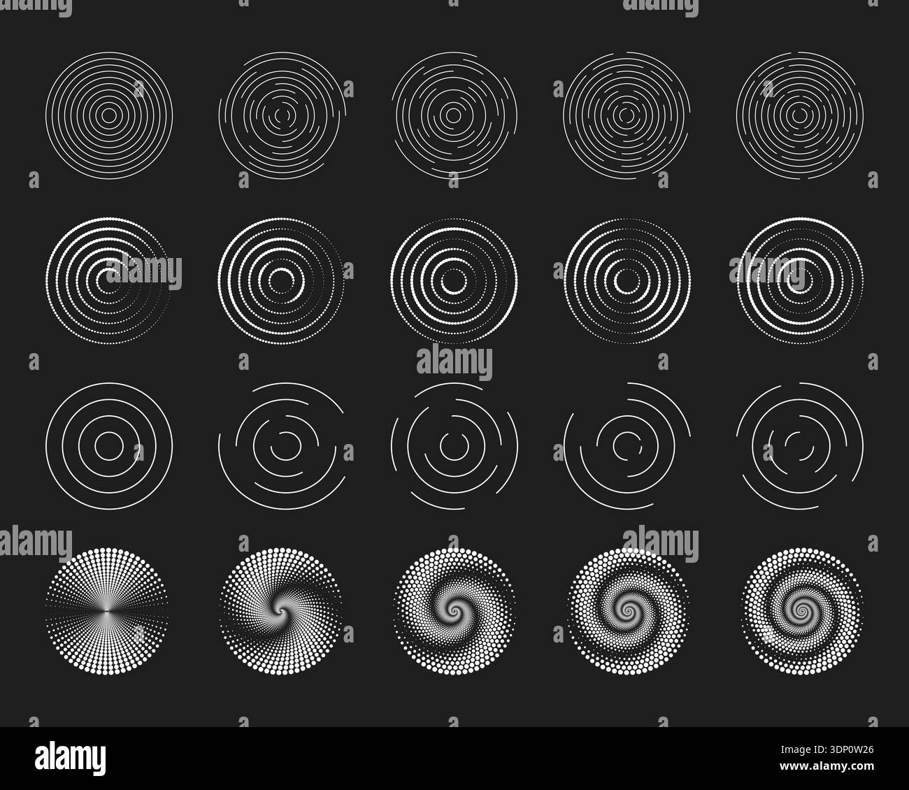 Set di diversi simboli di ondulazione circolari bianchi su sfondo nero. Cerchi concentrici con linee interrotte. Vortex, idromassaggio, sonar o onde sonore Illustrazione Vettoriale
