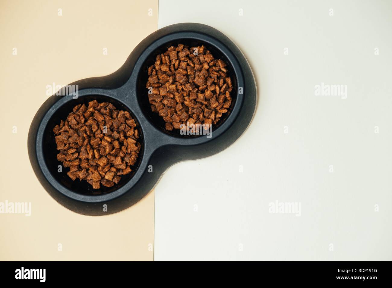 Impostazione dell'alimentazione degli animali domestici. Cucina contemporanea per animali domestici con superficie divisa e crocchette ben porzioni Foto Stock