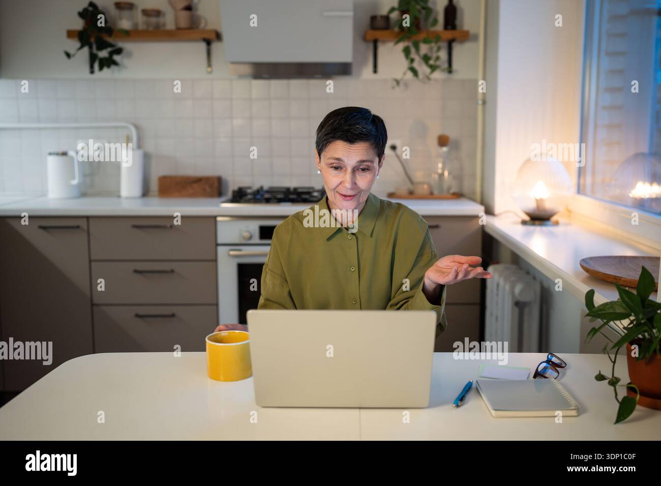 Donna d'affari senior sicura di sé che parla online tramite videochiamata sul laptop dall'accogliente ufficio domestico Foto Stock