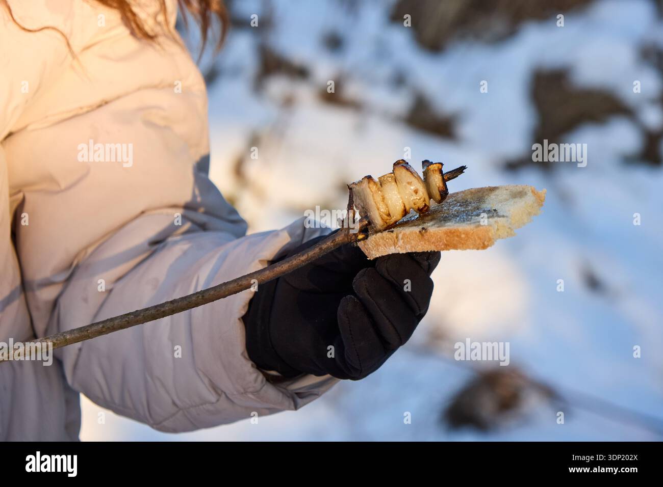 L'immagine cattura una persona che si gusta uno spuntino semplice e rustico all'aperto in un paesaggio invernale innevato. L'individuo, avvolto in un caldo cappotto invernale e. Foto Stock