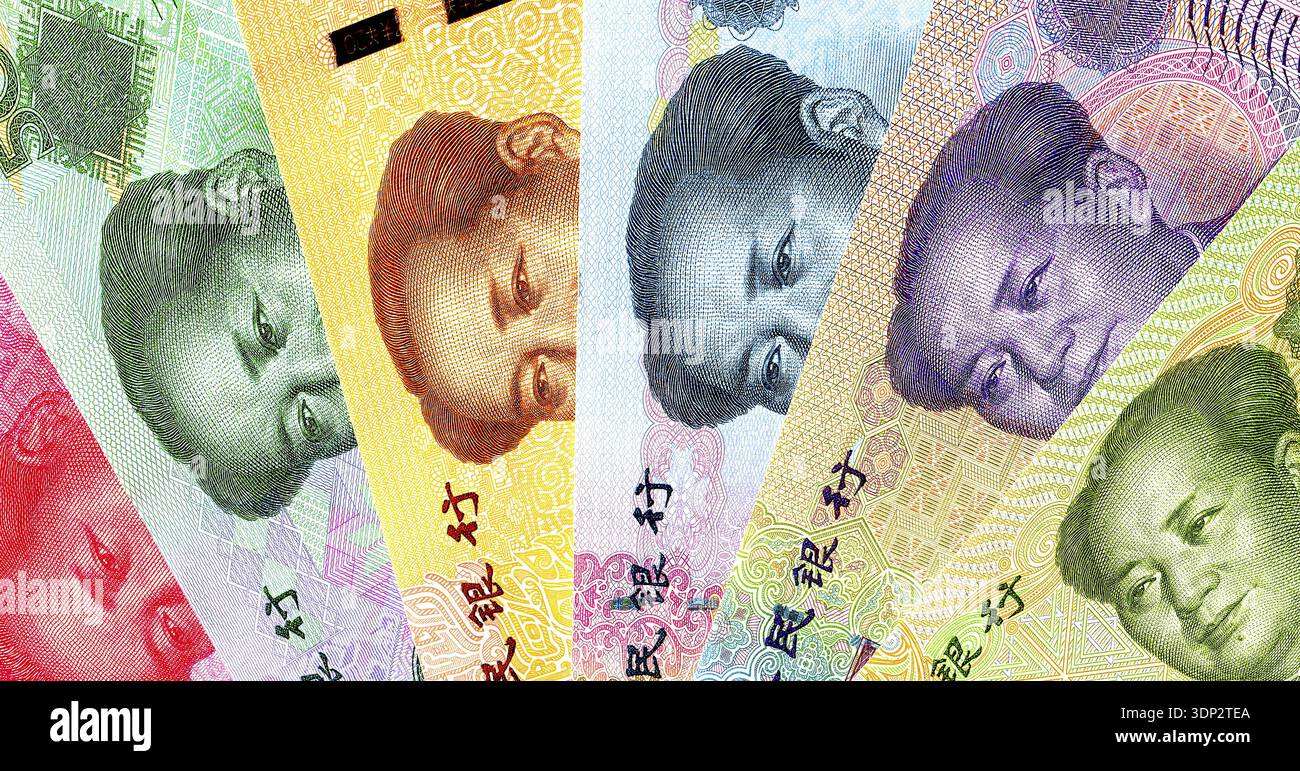 Banconote di denaro cinese con ritratto di Mao Zedong. Valuta cartacea cinese Foto Stock