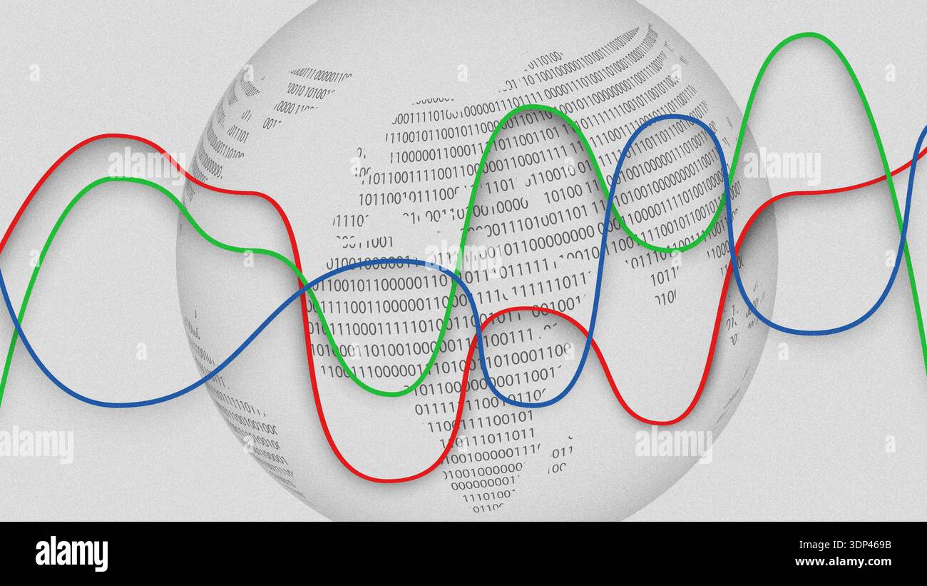 La visualizzazione dei dati mostra le connessioni di rete su un globo che rappresenta le tendenze di comunicazione globali Foto Stock