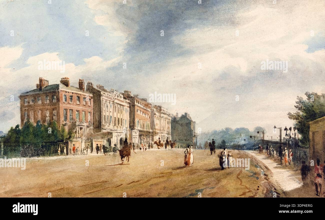 Apsley House e Piccadilly da Hyde Park Corner, (Londra del XIX secolo), pittura in media mista di Frederick Nash, prima del 1856 Foto Stock