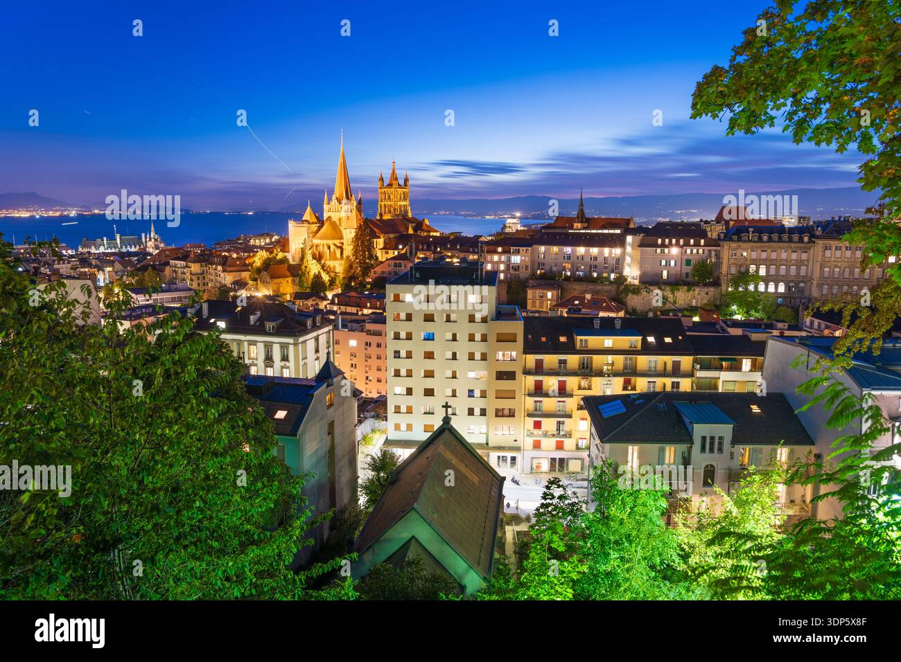 Losanna, la cattedrale storica della Svizzera e il paesaggio urbano del centro all'ora blu. Foto Stock