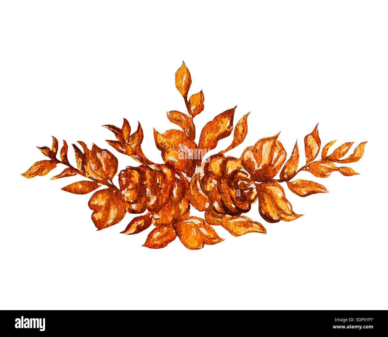 Illustrazione ad acquerello di un elegante motivo ornamentale dorato con ritmo floreale. Illustrazione per design di lusso, cartoleria per matrimoni, branding, confezione Foto Stock