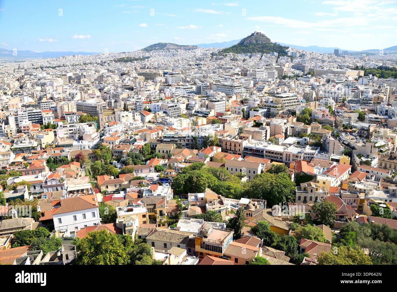 Vista panoramica sulla città di Atene dalla collina dell'Acropoli, Grecia Foto Stock