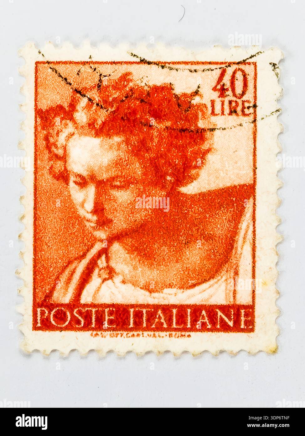Francobollo vintage italiano da 40 lire della serie definitiva di Michelangelo del 1961, raffigurante la testa del profeta Daniele dalla Cappella Sistina c Foto Stock