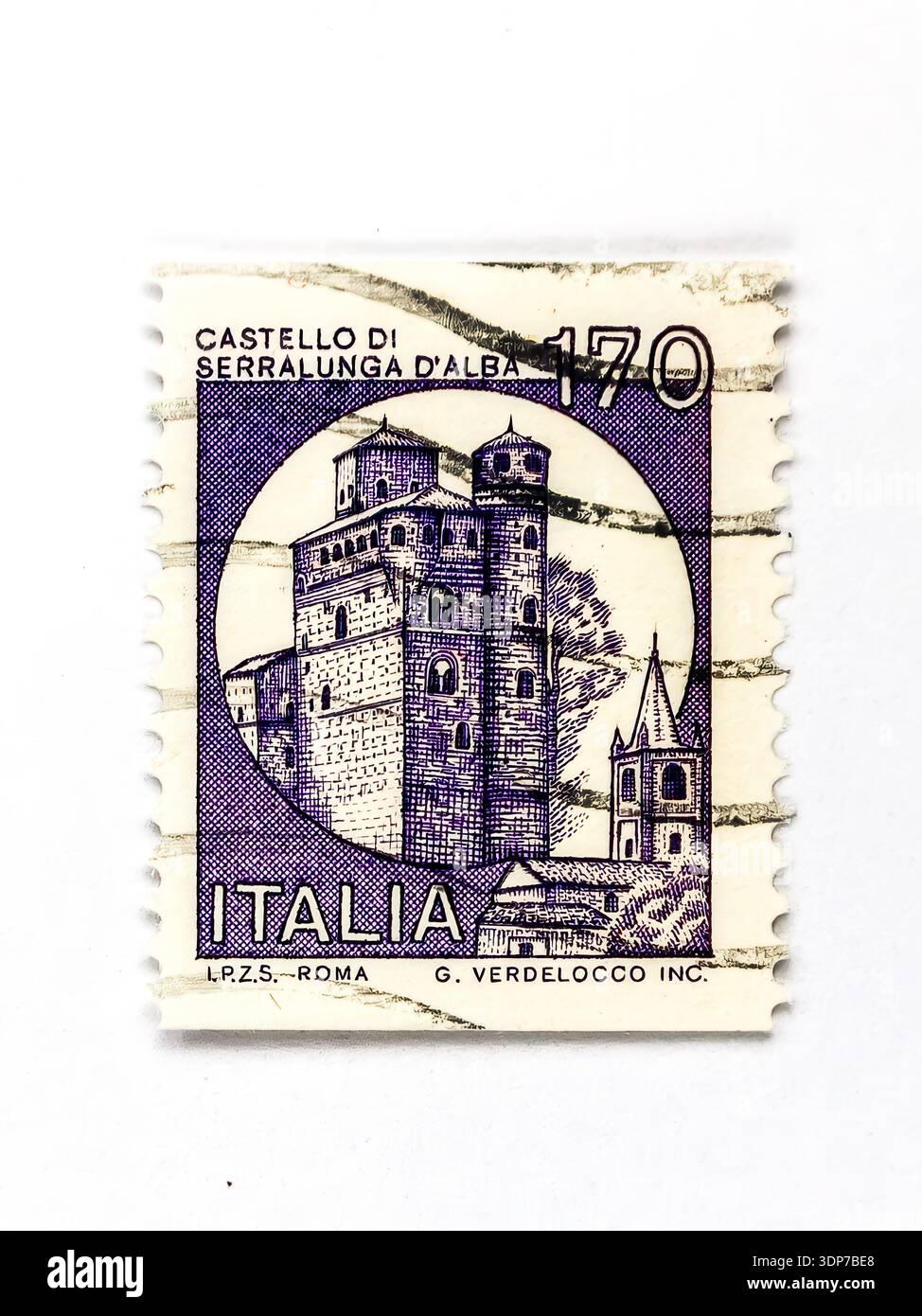 Francobollo italiano da 170 lire raffigurante il castello medievale di Serralunga d'Alba in Piemonte. Foto Stock
