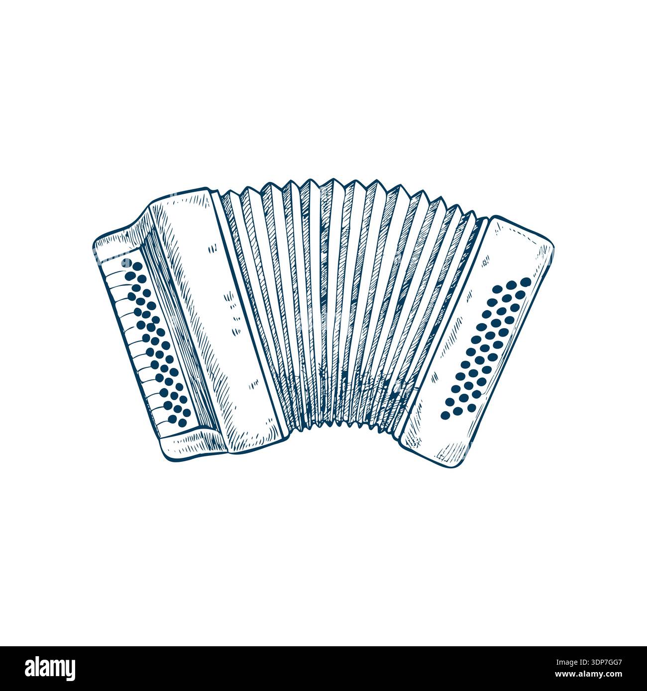 Fisarmonica vintage disegnata a mano, con incisione monocromatica, isolata su bianco. Illustrazione Vettoriale