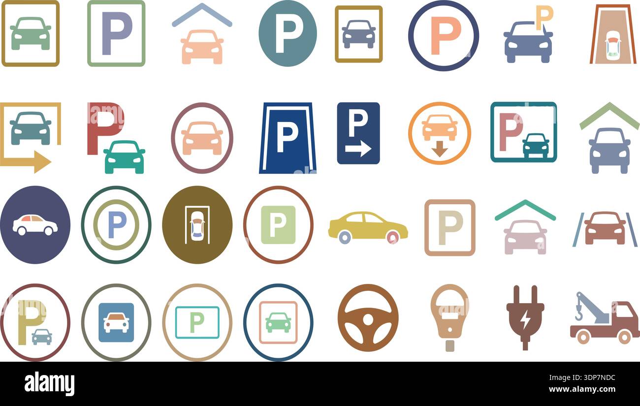Icone di parcheggio e trasporto Imposta i simboli del parcheggio per Smart City Navigation Automotive Service e EV Charging Vector Collection Illustrazione Vettoriale