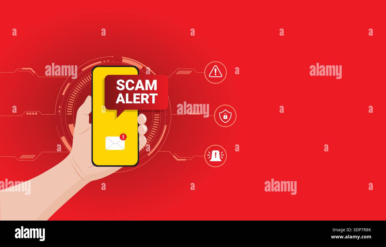 Tenere a mano lo smartphone con messaggio di avviso di truffa e simbolo di notifica, che rappresenta il rilevamento delle frodi online e il concetto di protezione digitale. Illustrazione Vettoriale