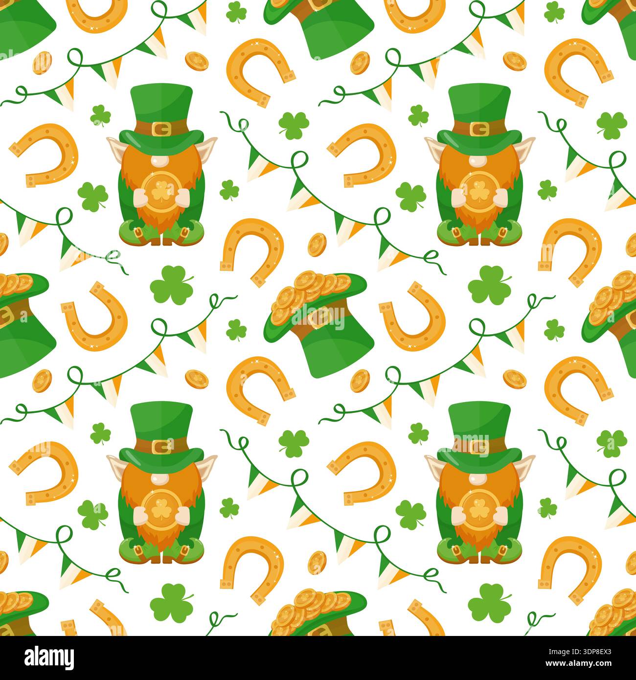 Fantasia senza cuciture simpatici personaggi leprechaun per il giorno di San Patrizio. Gnomo carino, shamrock verdi, ferro di cavallo dorato, monete e ghirlande della bandiera irlandese festosa per lo sfondo festivo del giorno di San Patrizio. Illustrazione Vettoriale