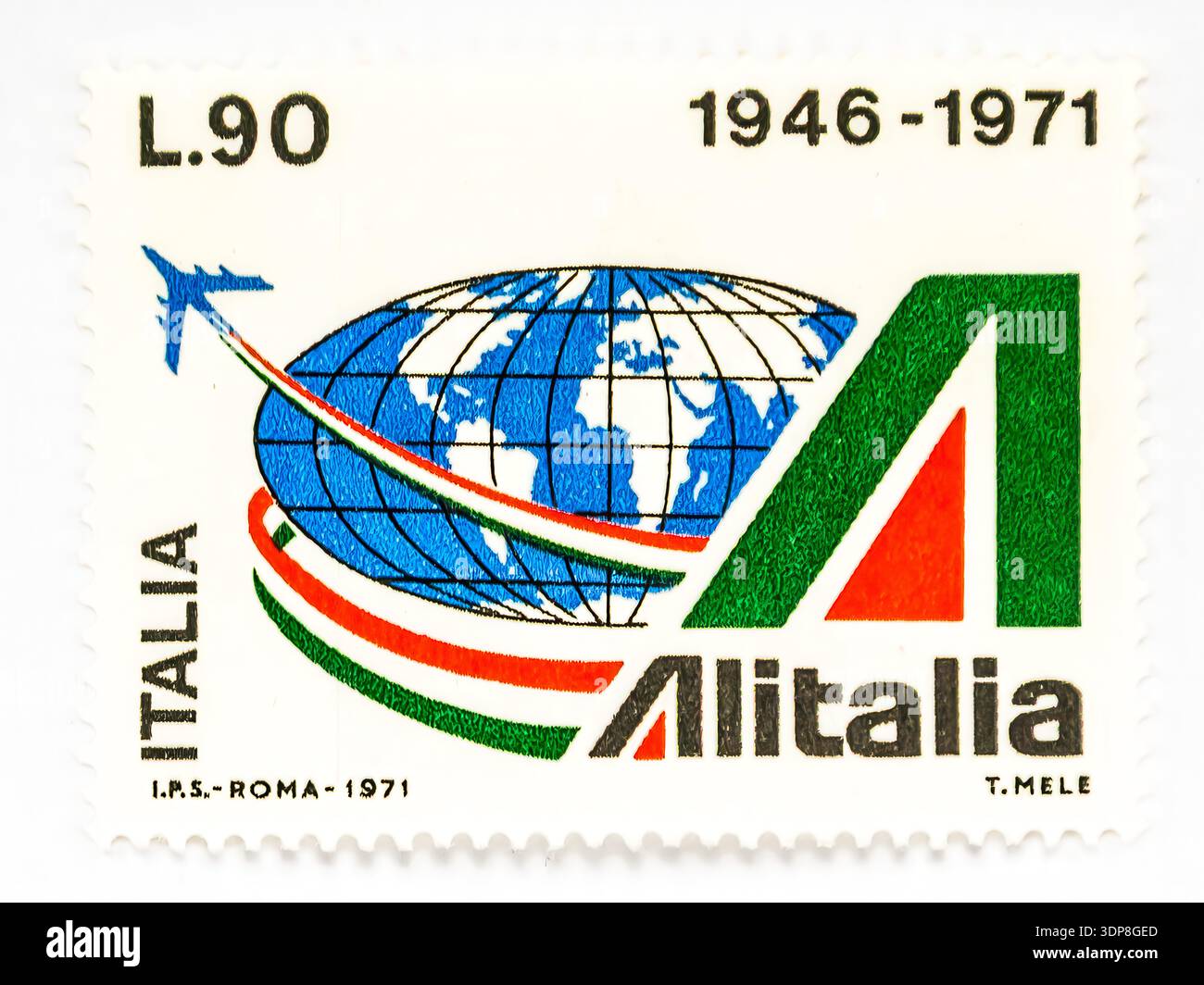 Francobollo italiano celebrativo di Alitalia 1946-1971 con il logo della compagnia aerea, globo e grafica di aereo. Foto Stock