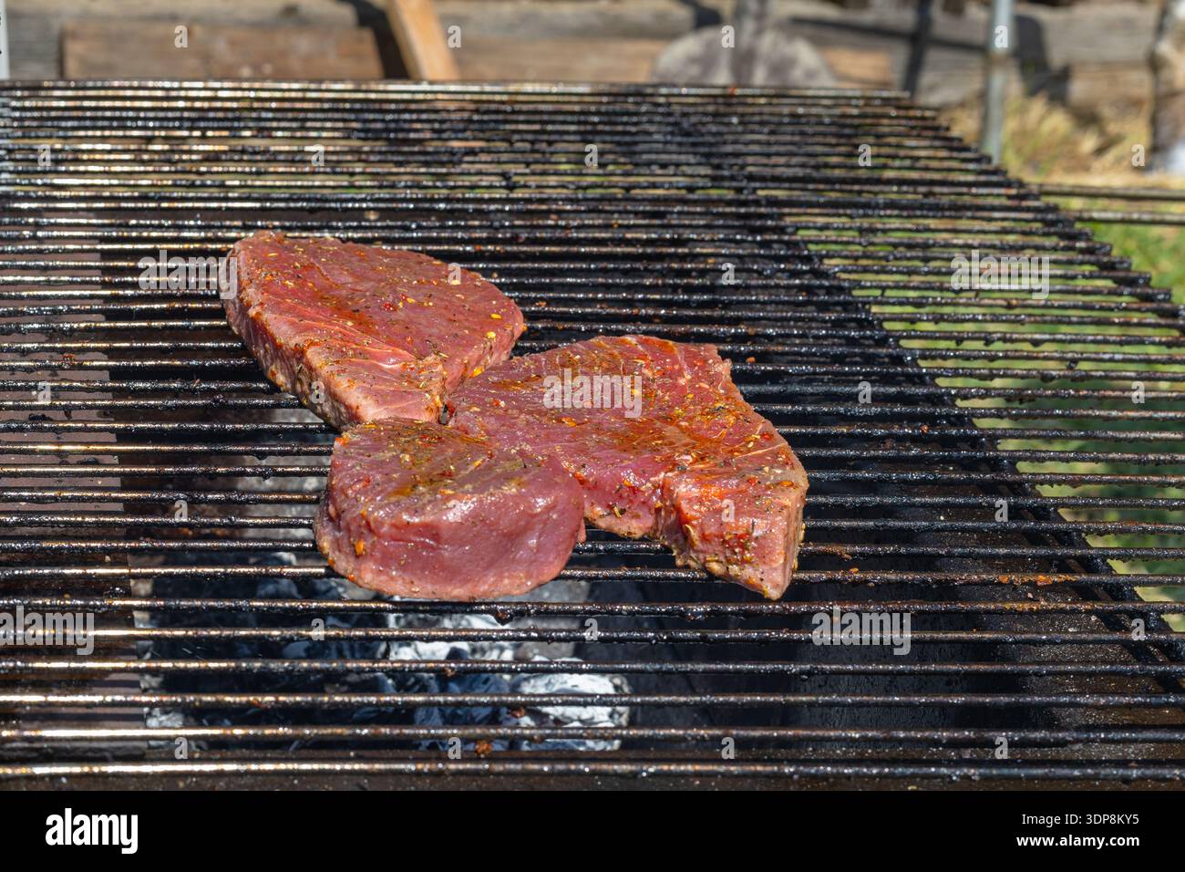 Le spesse bistecche di tonno si cuocono su una griglia all'aperto, creando sapori ricchi, grigliate affumicate e un aroma affumicato perfetto per un barbecue sul cortile o per famiglie Foto Stock