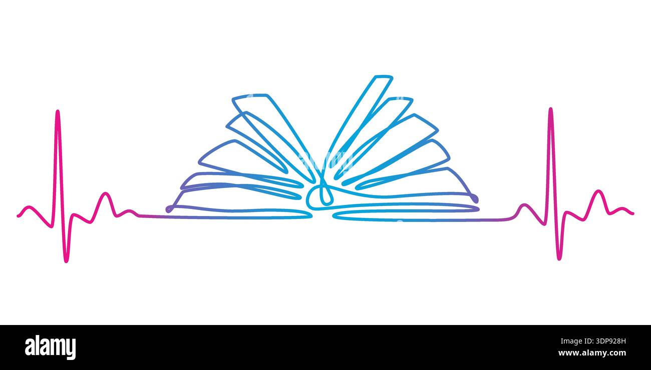 Una linea, un disegno continuo di un libro tra due battiti cardiaci. Illustrazione minimalista che rappresenta la lettura. Illustrazione Vettoriale