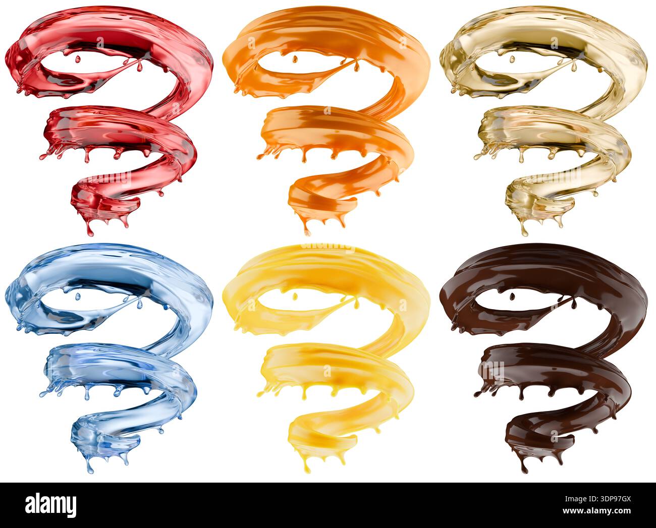 Set di spruzzi con liquidi di diversi materiali (cioccolato, succo d'arancia, vino, acqua, olio, caramello) isolato su sfondo bianco. rendering 3d. Foto Stock