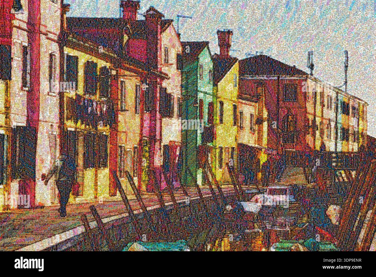 Fotomosaico delle case colorate e dell'architettura dei canali di Burano nella laguna di Venezia, Italia. Foto Stock