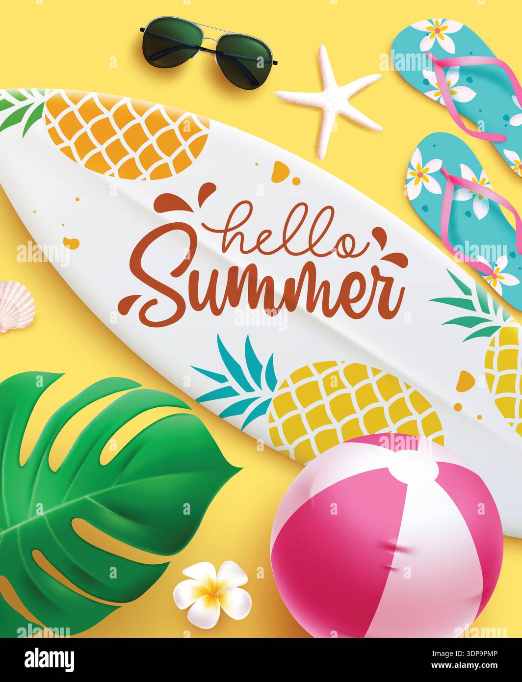 Design del poster clipart del saluto estivo. Testo di benvenuto estivo in tavola da surf con ananas stampato ed elementi estivi come le foglie di monstera Illustrazione Vettoriale
