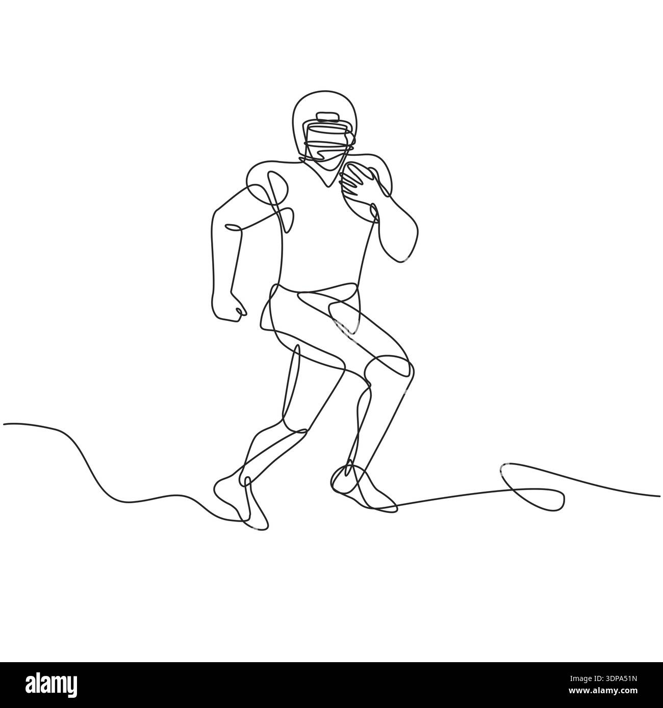 Disegno a linea continua illustrazione di un calcio americano che corre indietro, ricevitore largo, quarterback o corsa di estremità stretta con palla fatta in schizzo Foto Stock