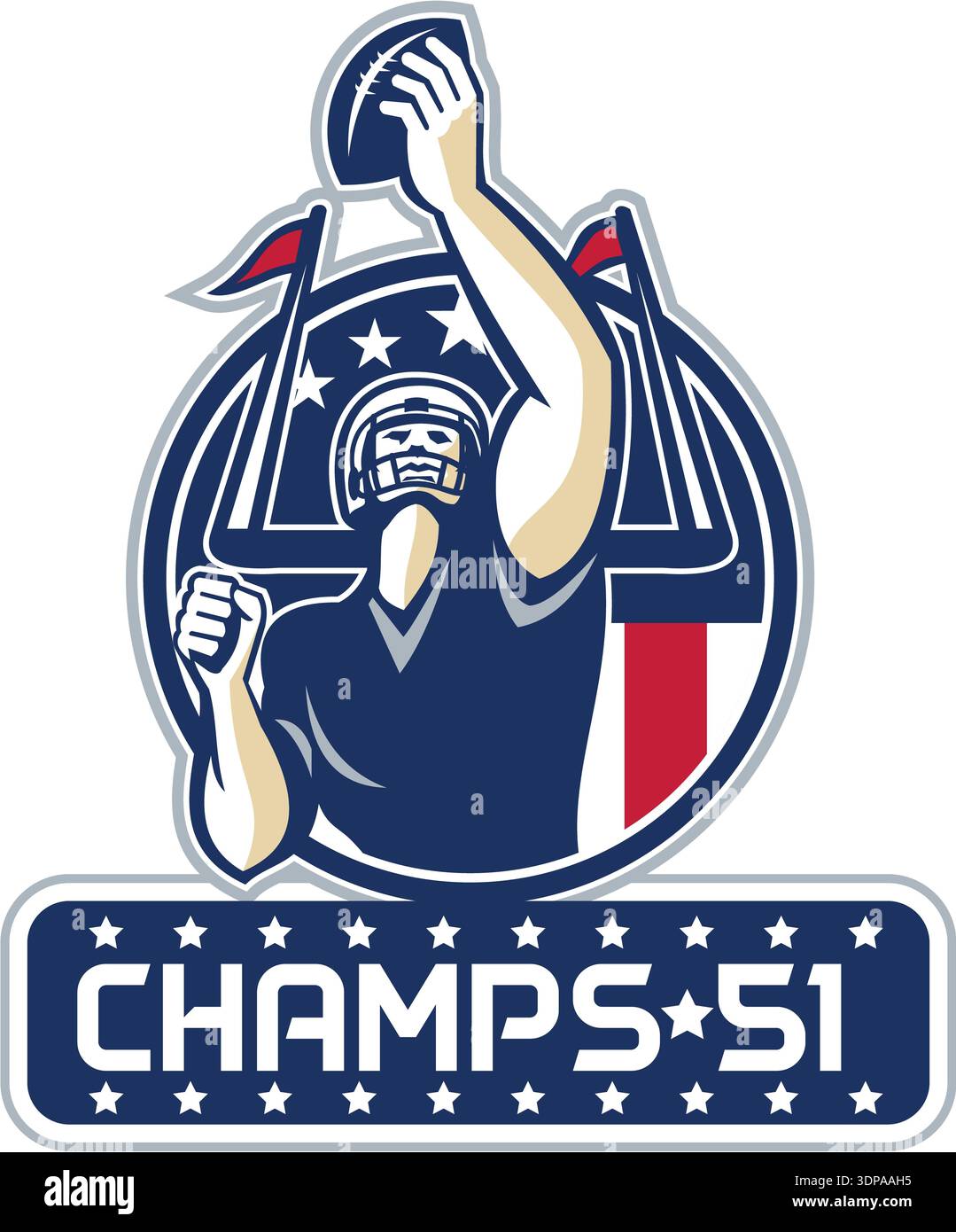 Illustrazione di un american football quarterback mantenendo la sfera rivolta verso il lato anteriore impostato all'interno del cerchio con stelle e strisce di bandiera con parole Champs 51 Nuova E Foto Stock