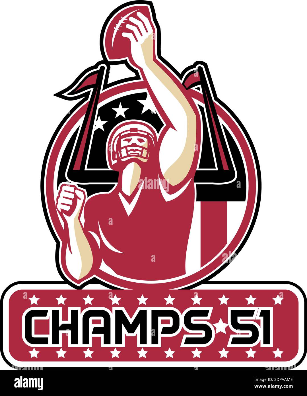 Illustrazione di un american football quarterback mantenendo la sfera rivolta verso il lato anteriore impostato all'interno del cerchio con stelle e strisce di bandiera con parole Champs 51 Atlan Foto Stock
