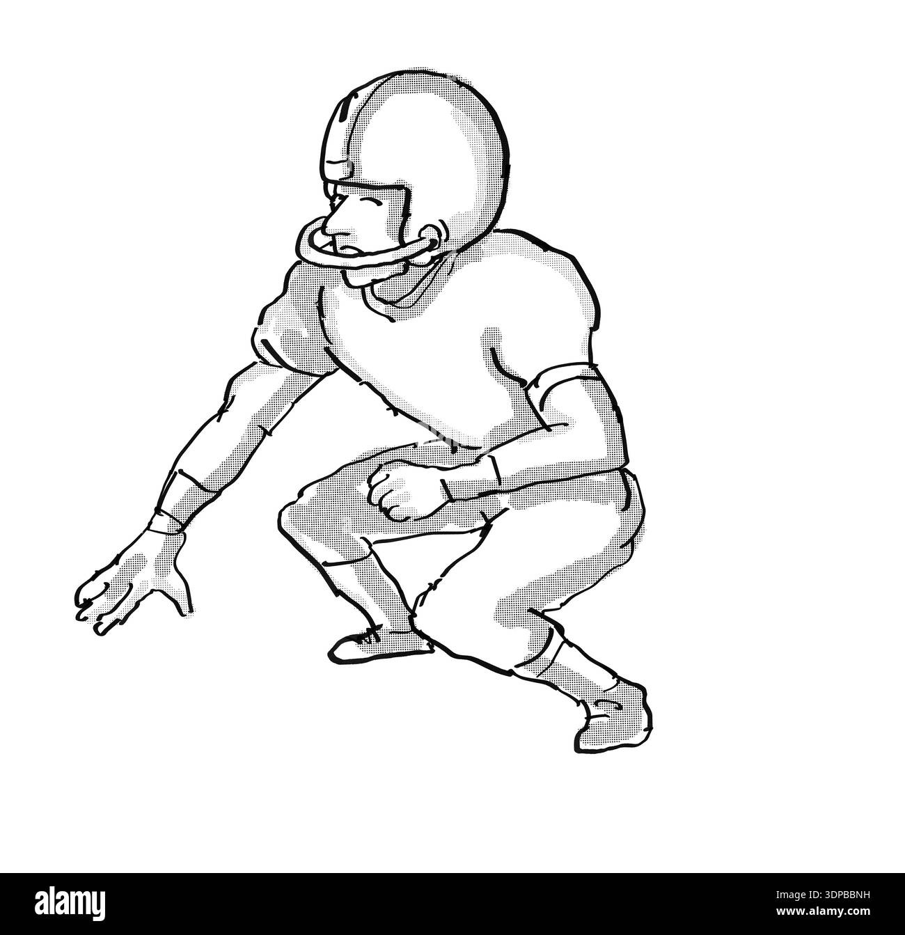 Lo stile del fumetto illustrazione di un giocatore di football americano fatto in bianco e nero isolato su sfondo bianco Foto Stock