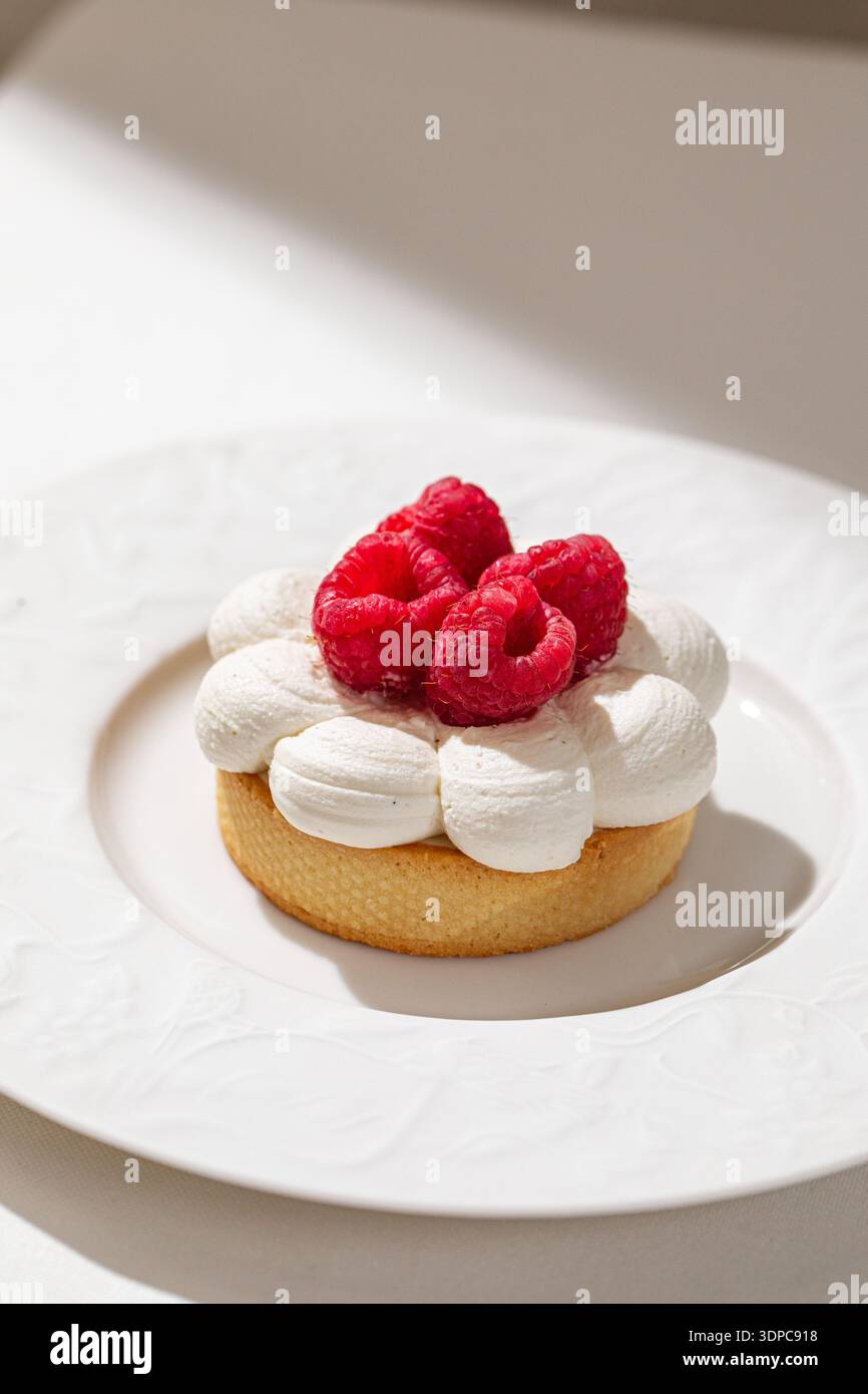 Torta di lamponi con panna montata Foto Stock