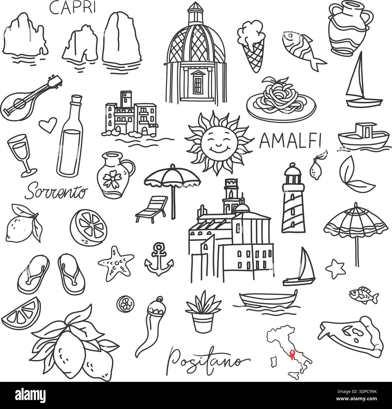 Capri, Sorrento, Positano, Amalfi. Illustrazioni vettoriali mediterranee della costa italiana. stile disgustoso Illustrazione Vettoriale