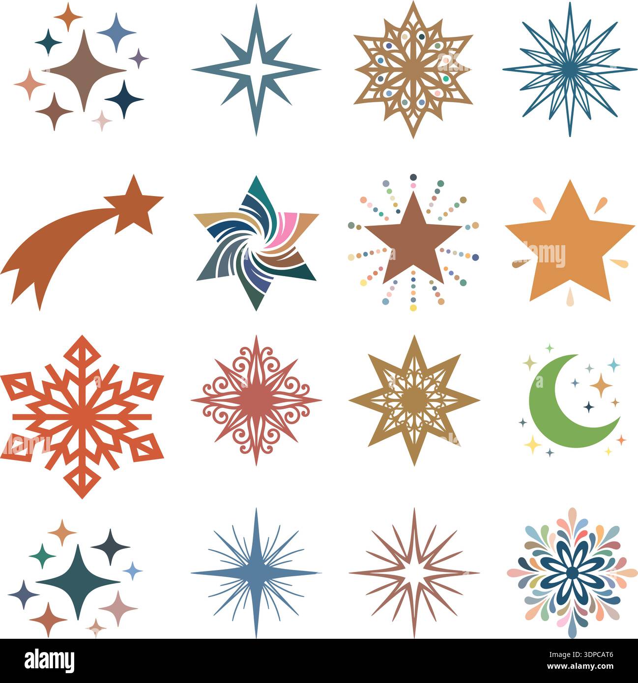 Set di fiocchi di neve vettoriali e stelle con motivo natalizio senza cuciture oro e rosso Illustrazione Vettoriale