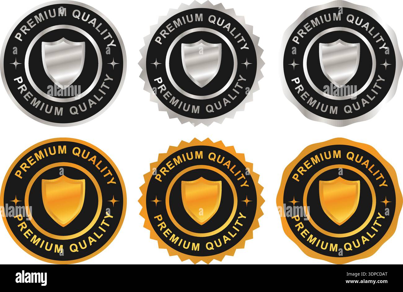 Set di distintivi Premium Quality Shield in oro e argento: Sigillo di garanzia di lusso, emblema di protezione, etichetta di certificazione, marchio di sicurezza Vector Collection Illustrazione Vettoriale