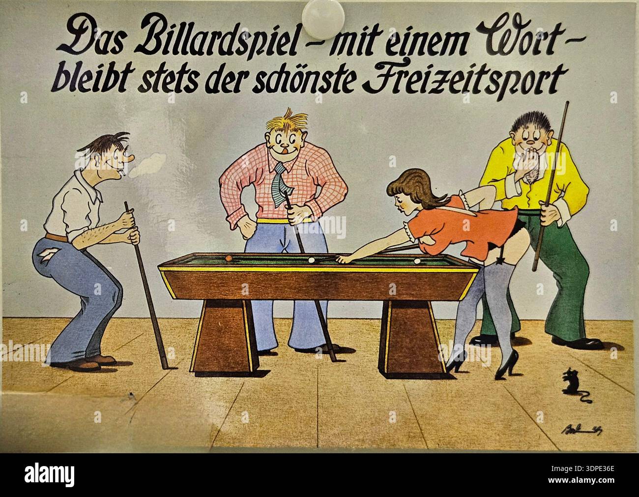Un'affascinante collezione di cartoline antiche nostalgiche raffiguranti scene classiche da biliardo e sport d'epoca. Queste splendide stampe invecchiate capt Foto Stock