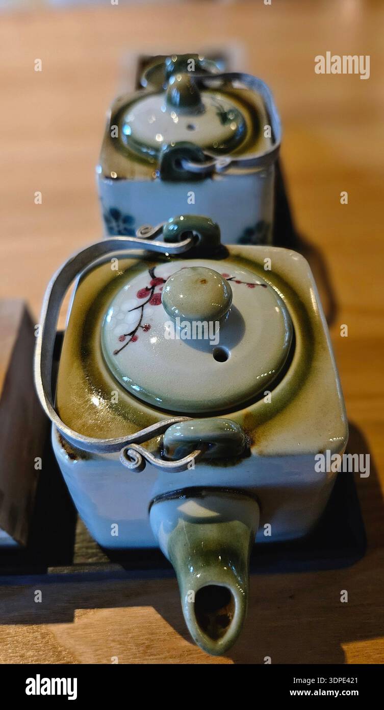 Un elegante set da tè cinese incarna l'armonia e l'arte della cultura tradizionale del tè. Tipicamente realizzati in porcellana fine, argilla Yixing o delica Foto Stock