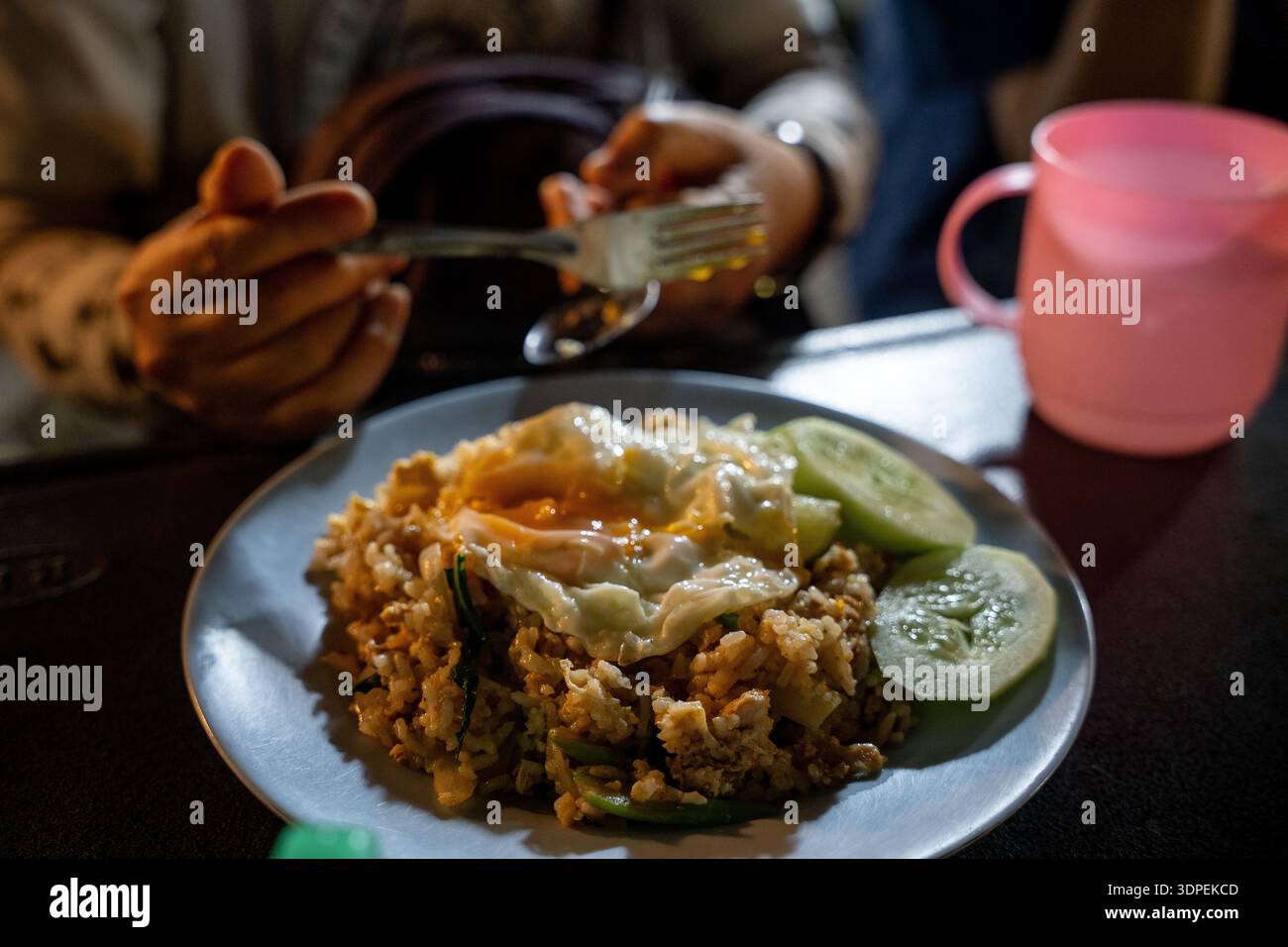 Un delizioso piatto di riso fritto indonesiano (Nasi Goreng), un tradizionale piatto asiatico, viene servito con un uovo fritto al sole e cetriolo fresco. Poll Foto Stock