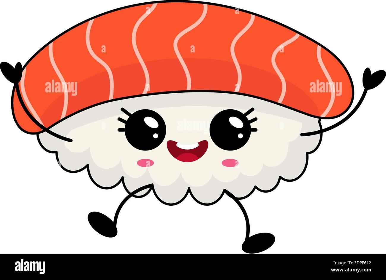 Simpatico sushi al salmone che danzano con occhi che brillano, base di riso, braccia ondulate, zampe piccole, rosa blush, stile piatto, sfondo bianco, Illustrazione Vettoriale