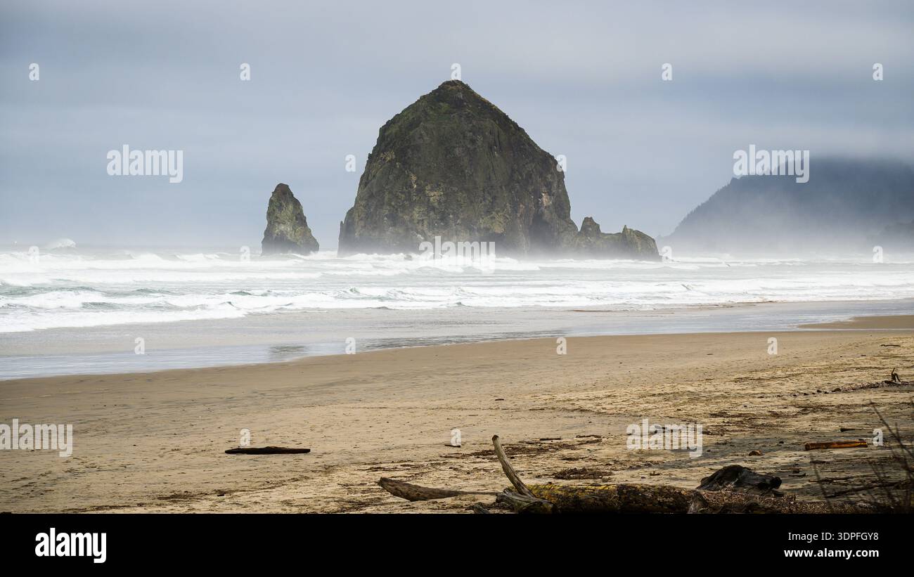 La roccia di fieno a Cannon Beach, lungo la costa dell'oceano Pacifico in Oregon, mentre le onde invernali e la nebbia circondano il monolite oltre la spiaggia deserta Foto Stock