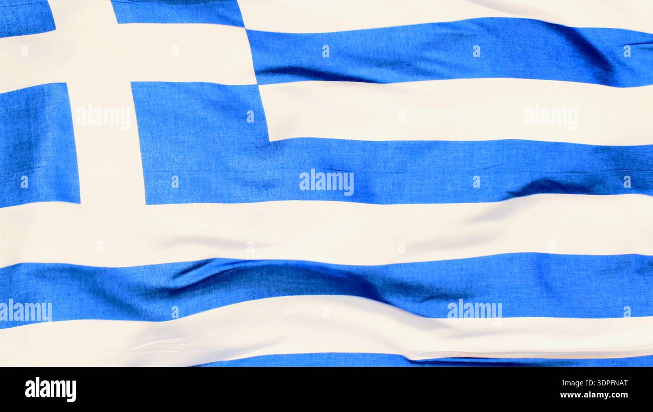 Sventolando la bandiera greca durante le celebrazioni nazionali in un evento pubblico in Grecia in una giornata di sole Foto Stock