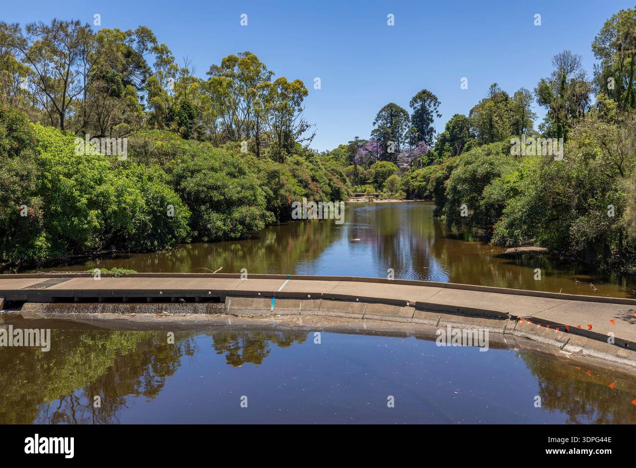 Diga e diga sul fiume Parramatta che scorre attraverso il verde parco urbano nella parte occidentale di Sydney, in Australia. Foto Stock